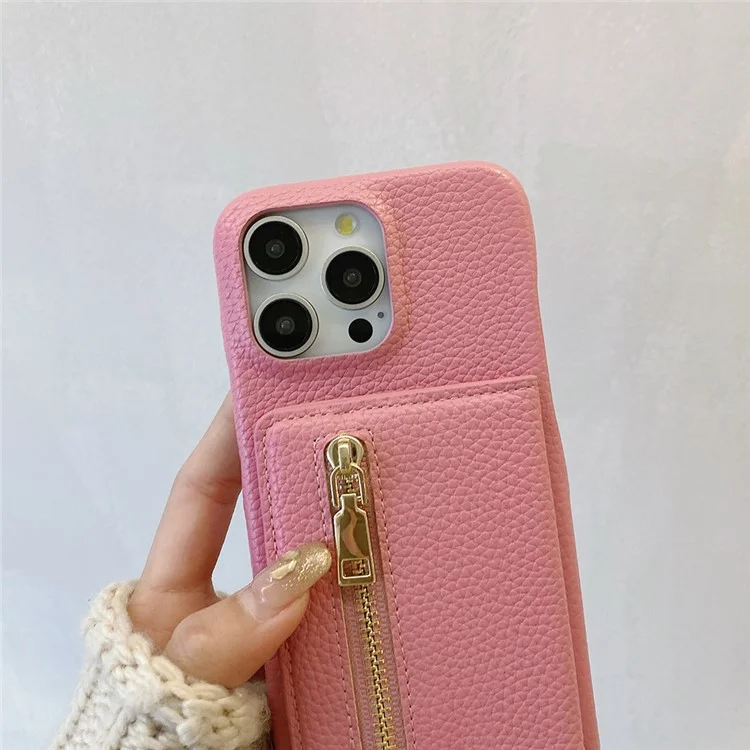 Чехол для iPhone 14 Pro с отделениями для карт, подставкой, задней крышкой из искусственной кожи с карманом на молнии и ремешком на запястье - розовый.
