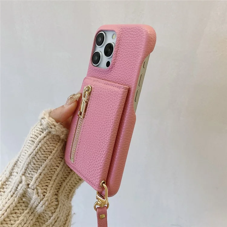Чехол для iPhone 14 Pro с отделениями для карт, подставкой, задней крышкой из искусственной кожи с карманом на молнии и ремешком на запястье - розовый.