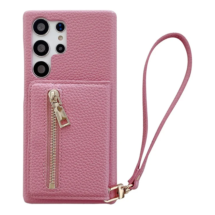 Für Samsung Galaxy S25 Ultra Hülle mit Kartenschlitzen, Ständer, PU-Leder-Rückseite mit Reißverschlusstasche und Handschlaufe - Pink