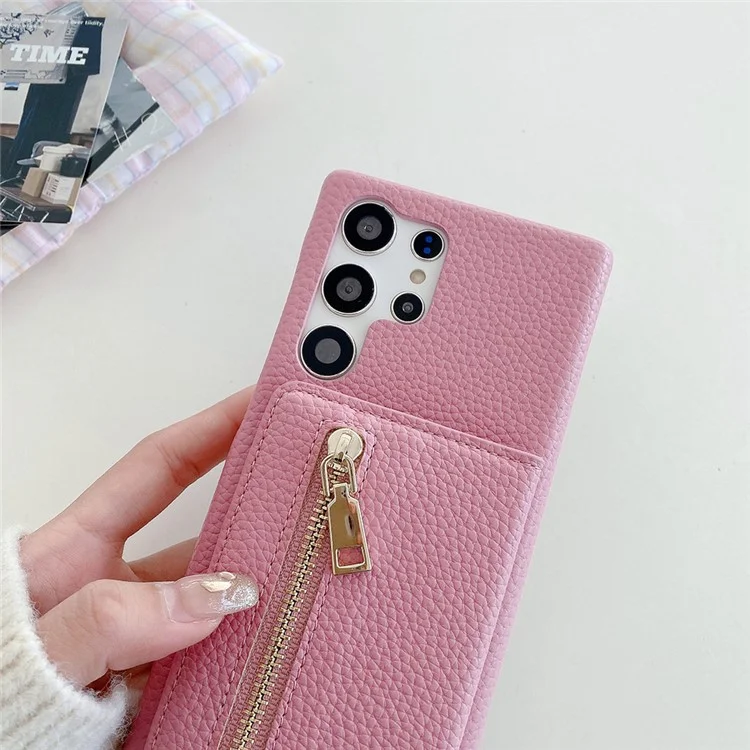 Für Samsung Galaxy S25 Ultra Hülle mit Kartenschlitzen, Ständer, PU-Leder-Rückseite mit Reißverschlusstasche und Handschlaufe - Pink