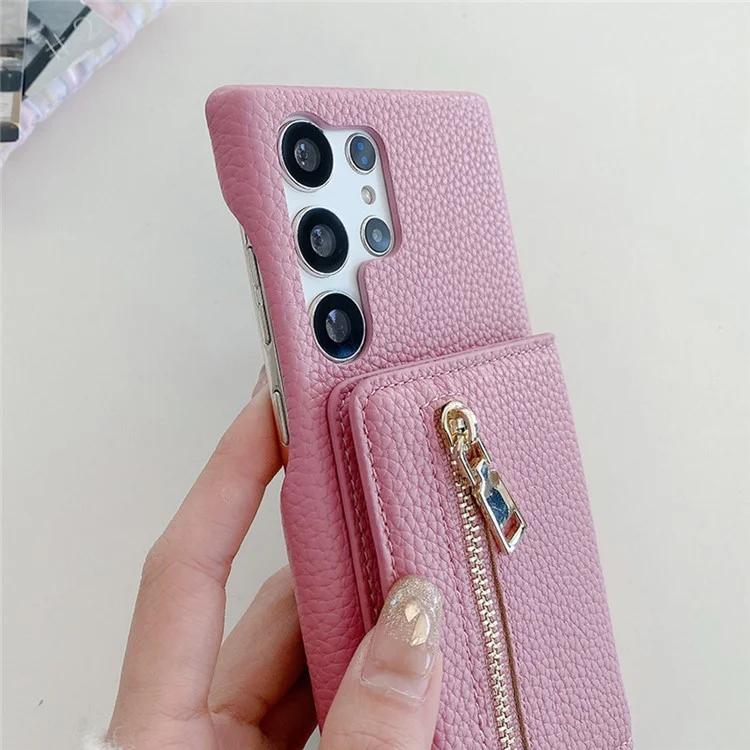 Für Samsung Galaxy S25 Ultra Hülle mit Kartenschlitzen, Ständer, PU-Leder-Rückseite mit Reißverschlusstasche und Handschlaufe - Pink