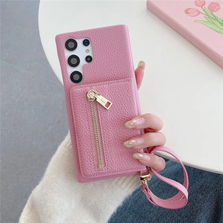 Für Samsung Galaxy S25 Ultra Hülle mit Kartenschlitzen, Ständer, PU-Leder-Rückseite mit Reißverschlusstasche und Handschlaufe - Pink