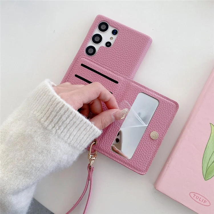 Für Samsung Galaxy S25 Ultra Hülle mit Kartenschlitzen, Ständer, PU-Leder-Rückseite mit Reißverschlusstasche und Handschlaufe - Pink