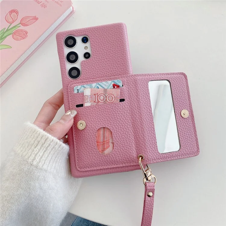 Für Samsung Galaxy S25 Ultra Hülle mit Kartenschlitzen, Ständer, PU-Leder-Rückseite mit Reißverschlusstasche und Handschlaufe - Pink