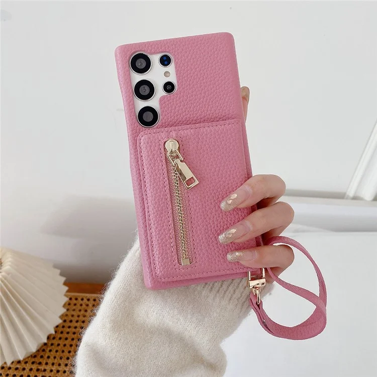 Für Samsung Galaxy S25 Ultra Hülle mit Kartenschlitzen, Ständer, PU-Leder-Rückseite mit Reißverschlusstasche und Handschlaufe - Pink