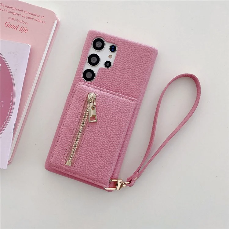 Für Samsung Galaxy S25 Ultra Hülle mit Kartenschlitzen, Ständer, PU-Leder-Rückseite mit Reißverschlusstasche und Handschlaufe - Pink
