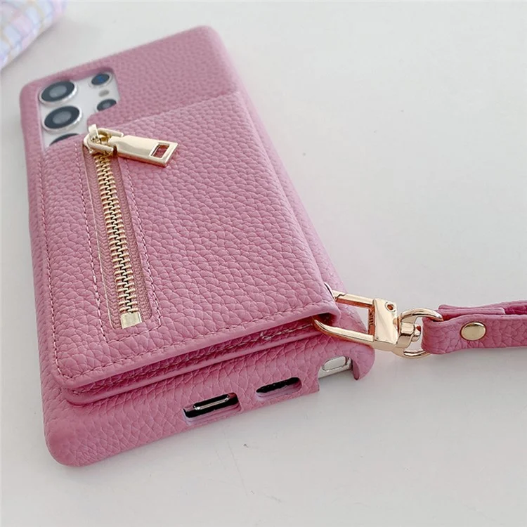 Für Samsung Galaxy S25 Ultra Hülle mit Kartenschlitzen, Ständer, PU-Leder-Rückseite mit Reißverschlusstasche und Handschlaufe - Pink