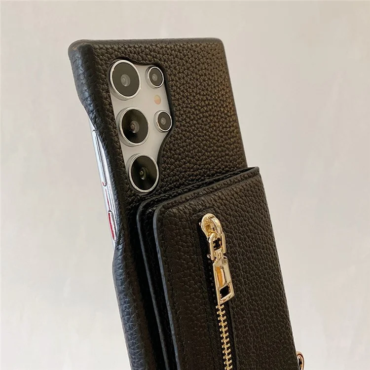 Für Samsung Galaxy S23 Ultra Hülle mit Kartenschlitzen, Ständer, PU-Leder-Rückseite mit Reißverschlusstaschen und Handgelenkband - Schwarz