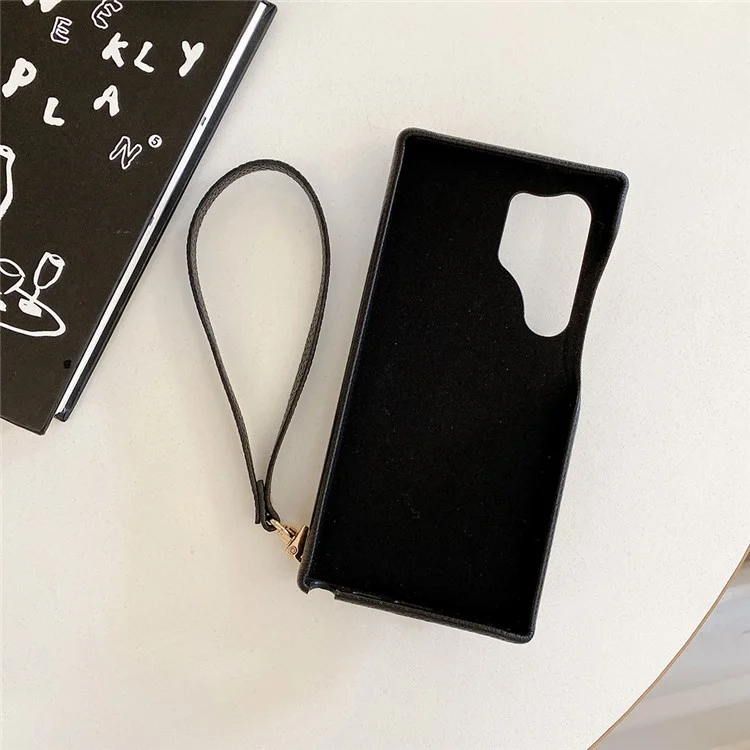 Für Samsung Galaxy S23 Ultra Hülle mit Kartenschlitzen, Ständer, PU-Leder-Rückseite mit Reißverschlusstaschen und Handgelenkband - Schwarz