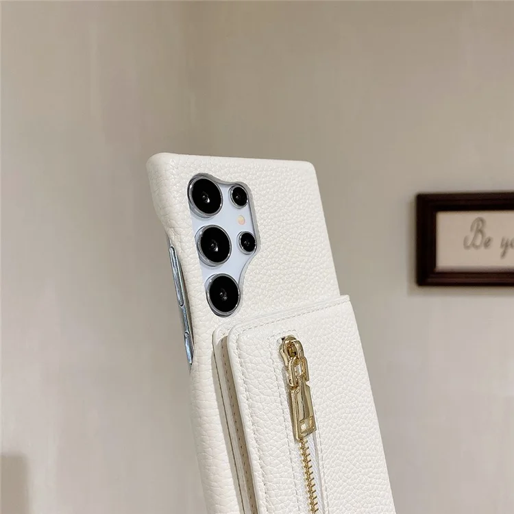 Capa para Samsung Galaxy S24 Ultra com slots para cartão, suporte, cobertura traseira de couro PU com bolso com zíper e alça de pulso - Branco