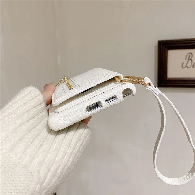 Capa para Samsung Galaxy S24 Ultra com slots para cartão, suporte, cobertura traseira de couro PU com bolso com zíper e alça de pulso - Branco