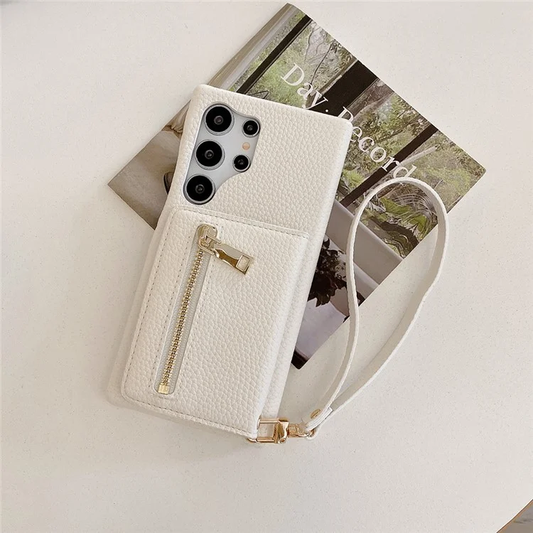 Capa para Samsung Galaxy S24 Ultra com slots para cartão, suporte, cobertura traseira de couro PU com bolso com zíper e alça de pulso - Branco