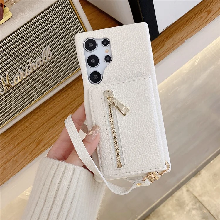 Capa para Samsung Galaxy S24 Ultra com slots para cartão, suporte, cobertura traseira de couro PU com bolso com zíper e alça de pulso - Branco