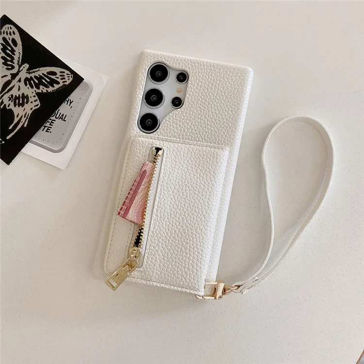 Capa para Samsung Galaxy S24 Ultra com slots para cartão, suporte, cobertura traseira de couro PU com bolso com zíper e alça de pulso - Branco