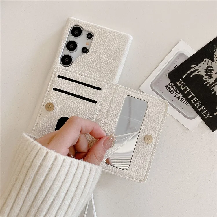 Capa para Samsung Galaxy S24 Ultra com slots para cartão, suporte, cobertura traseira de couro PU com bolso com zíper e alça de pulso - Branco