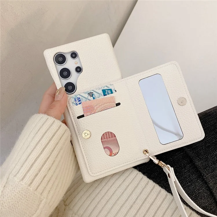 Capa para Samsung Galaxy S24 Ultra com slots para cartão, suporte, cobertura traseira de couro PU com bolso com zíper e alça de pulso - Branco