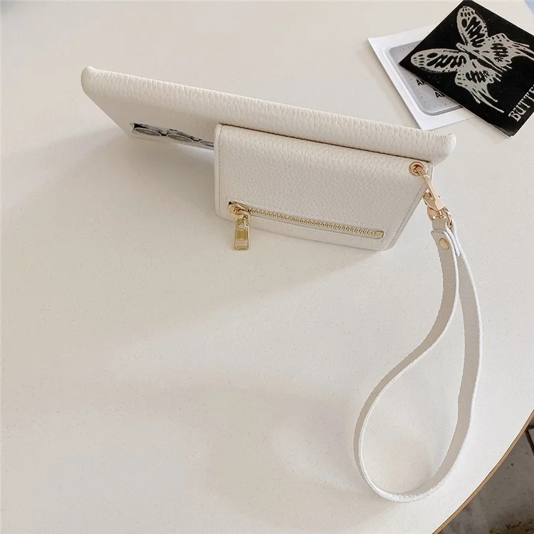 Capa para Samsung Galaxy S24 Ultra com slots para cartão, suporte, cobertura traseira de couro PU com bolso com zíper e alça de pulso - Branco