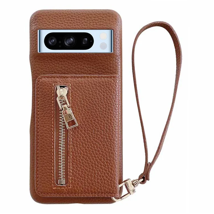 Capa para Google Pixel 8 Pro com slots para cartões, suporte, cobertura traseira de couro PU com bolso com zíper e alça de pulso - Marrom escuro