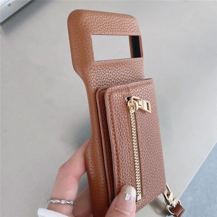 Capa para Google Pixel 8 Pro com slots para cartões, suporte, cobertura traseira de couro PU com bolso com zíper e alça de pulso - Marrom escuro