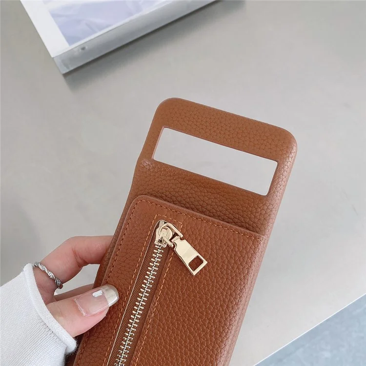 Capa para Google Pixel 8 Pro com slots para cartões, suporte, cobertura traseira de couro PU com bolso com zíper e alça de pulso - Marrom escuro