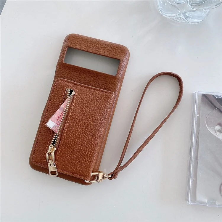Capa para Google Pixel 8 Pro com slots para cartões, suporte, cobertura traseira de couro PU com bolso com zíper e alça de pulso - Marrom escuro
