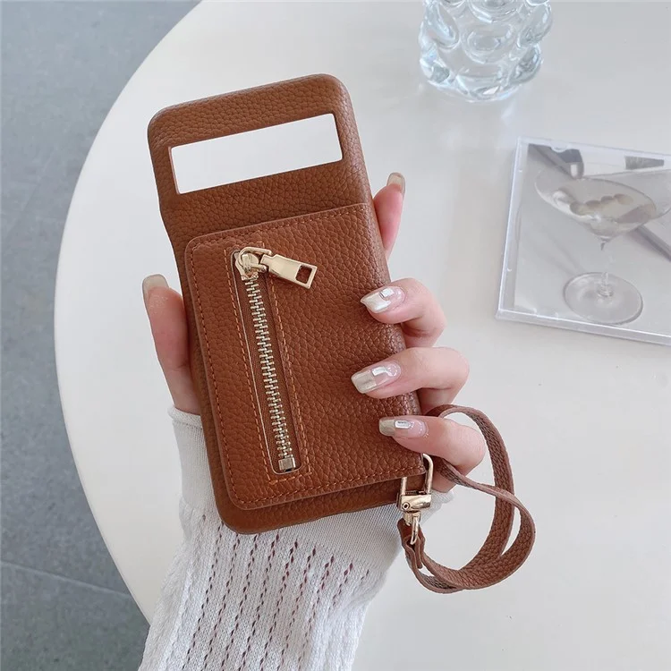 Capa para Google Pixel 8 Pro com slots para cartões, suporte, cobertura traseira de couro PU com bolso com zíper e alça de pulso - Marrom escuro