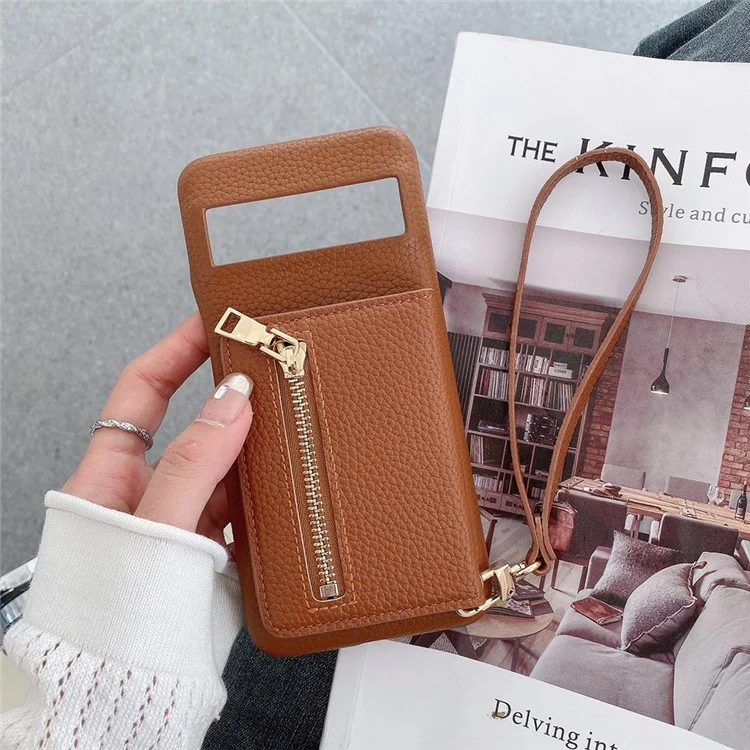 Capa para Google Pixel 8 Pro com slots para cartões, suporte, cobertura traseira de couro PU com bolso com zíper e alça de pulso - Marrom escuro
