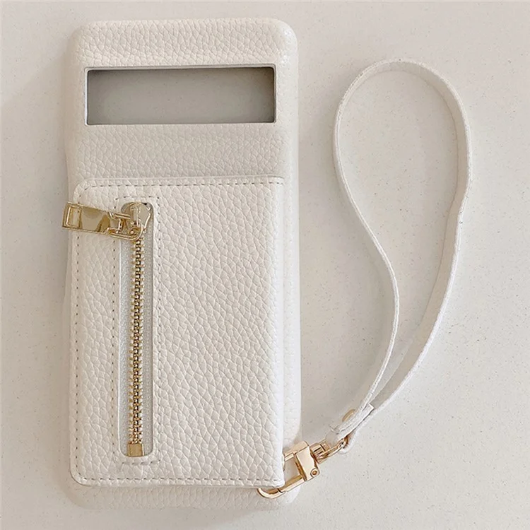 For Google Pixel 8a Case Card Slots Kickstand PU Leather Back Cover with Zipper Pocket, Wrist Strap - White