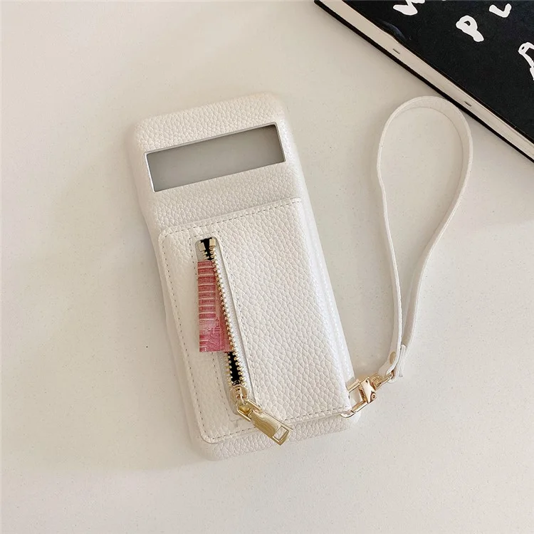 For Google Pixel 8a Case Card Slots Kickstand PU Leather Back Cover with Zipper Pocket, Wrist Strap - White