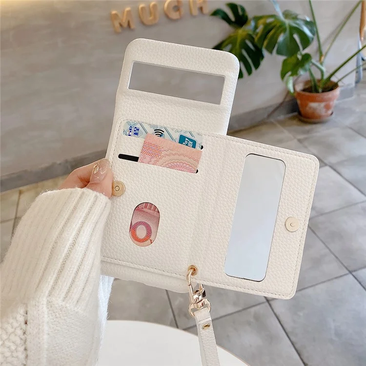 For Google Pixel 8a Case Card Slots Kickstand PU Leather Back Cover with Zipper Pocket, Wrist Strap - White