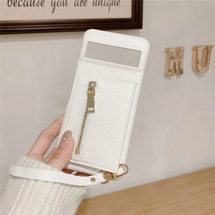 For Google Pixel 8a Case Card Slots Kickstand PU Leather Back Cover with Zipper Pocket, Wrist Strap - White