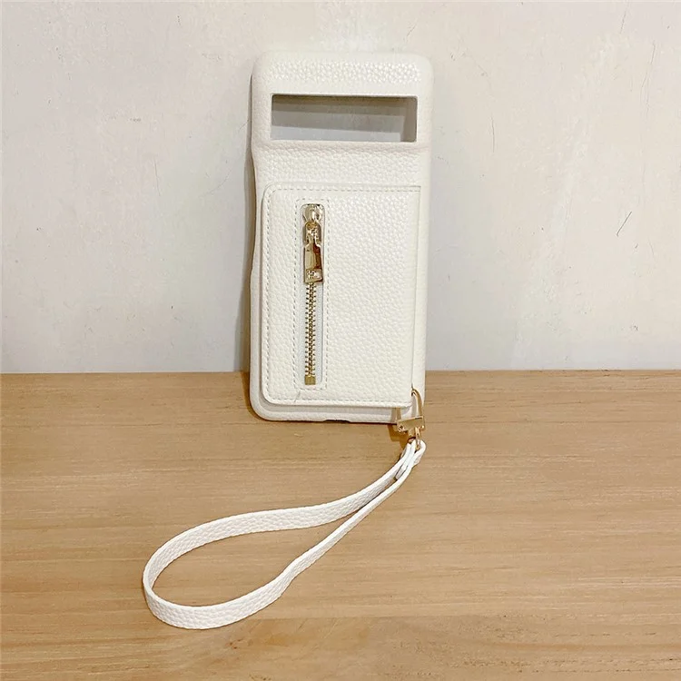 For Google Pixel 8a Case Card Slots Kickstand PU Leather Back Cover with Zipper Pocket, Wrist Strap - White