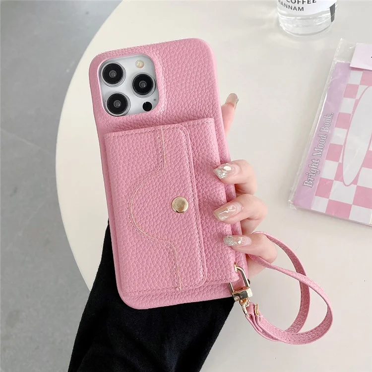 Funda para iPhone 15 Pro Max, diseño de espejo, cubierta trasera de piel sintética con ranuras para tarjetas y correa para la muñeca - Rosa