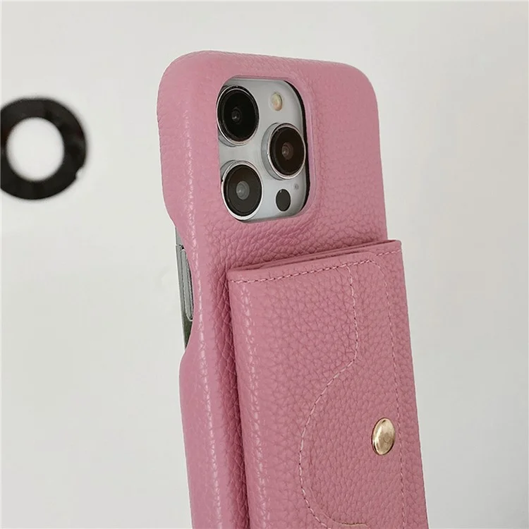 Funda para iPhone 15 Pro Max, diseño de espejo, cubierta trasera de piel sintética con ranuras para tarjetas y correa para la muñeca - Rosa