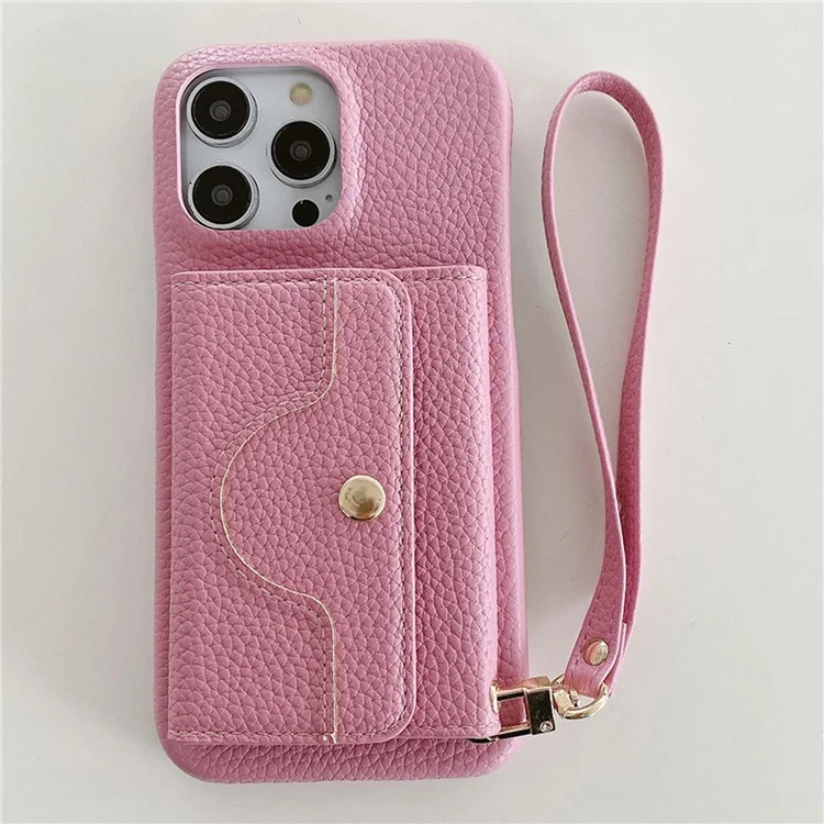 Funda para iPhone 15 Pro Max, diseño de espejo, cubierta trasera de piel sintética con ranuras para tarjetas y correa para la muñeca - Rosa