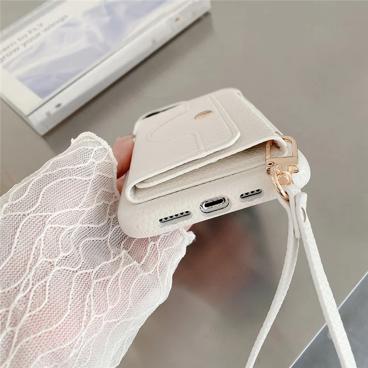 Capa para iPhone 15 Pro, design espelhado, cobertura traseira de couro PU com slots para cartões e alça de pulso - Branco
