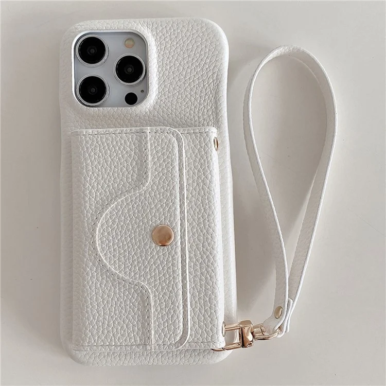 Capa para iPhone 15 Pro, design espelhado, cobertura traseira de couro PU com slots para cartões e alça de pulso - Branco