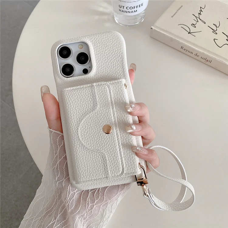 Capa para iPhone 15 Pro, design espelhado, cobertura traseira de couro PU com slots para cartões e alça de pulso - Branco