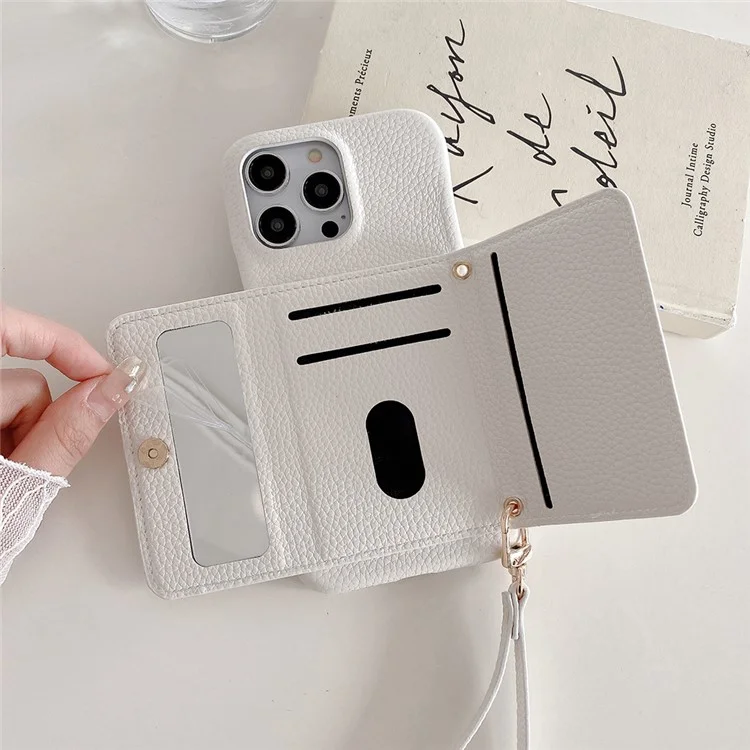 Capa para iPhone 15 Pro, design espelhado, cobertura traseira de couro PU com slots para cartões e alça de pulso - Branco
