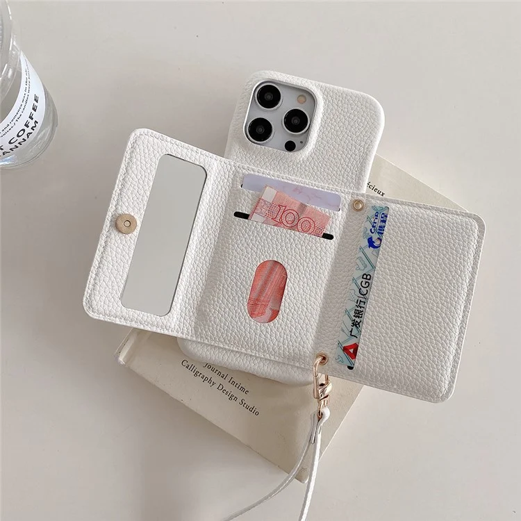 Capa para iPhone 15 Pro, design espelhado, cobertura traseira de couro PU com slots para cartões e alça de pulso - Branco