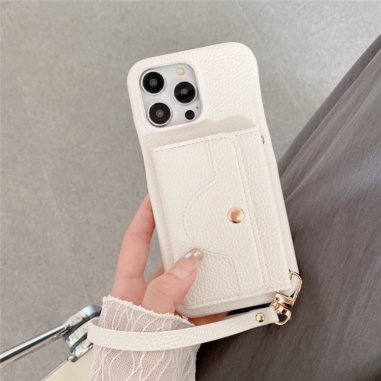 Capa para iPhone 15 Pro, design espelhado, cobertura traseira de couro PU com slots para cartões e alça de pulso - Branco