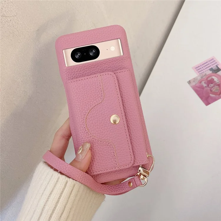 Capa para Google Pixel 8 com design de espelho, cobertura traseira de couro sintético com slots para cartão e alça de pulso - Rosa