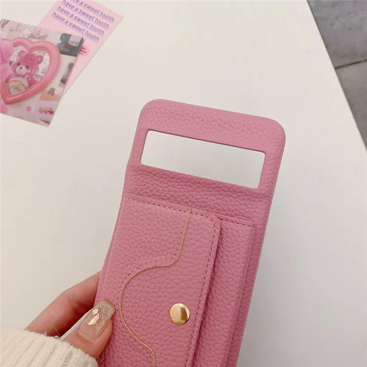 Capa para Google Pixel 8 com design de espelho, cobertura traseira de couro sintético com slots para cartão e alça de pulso - Rosa