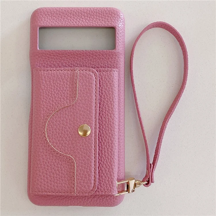 Capa para Google Pixel 8 com design de espelho, cobertura traseira de couro sintético com slots para cartão e alça de pulso - Rosa