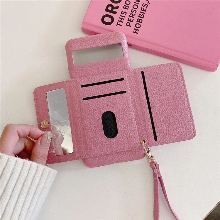 Capa para Google Pixel 8 com design de espelho, cobertura traseira de couro sintético com slots para cartão e alça de pulso - Rosa