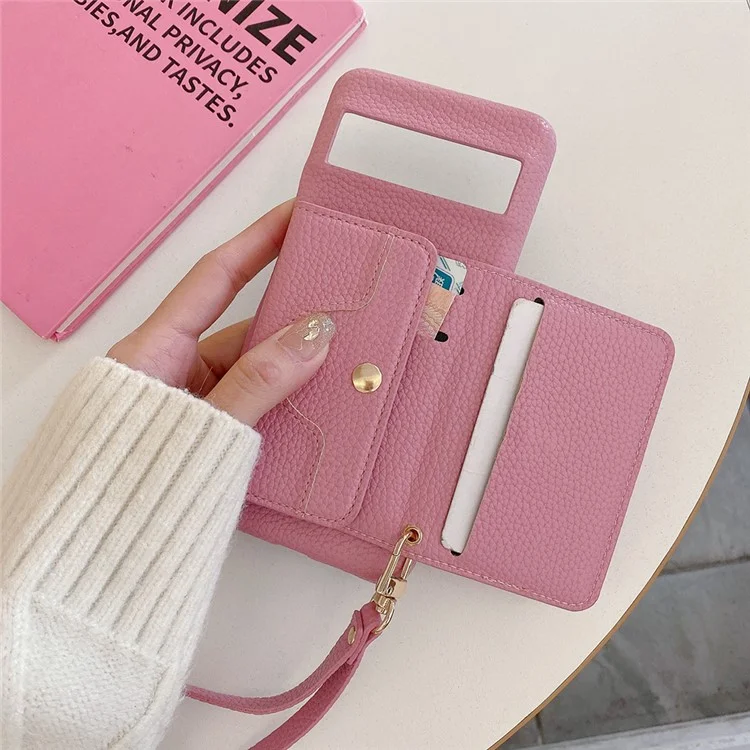 Capa para Google Pixel 8 com design de espelho, cobertura traseira de couro sintético com slots para cartão e alça de pulso - Rosa