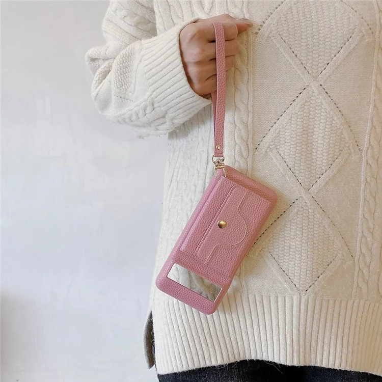 Capa para Google Pixel 8 com design de espelho, cobertura traseira de couro sintético com slots para cartão e alça de pulso - Rosa