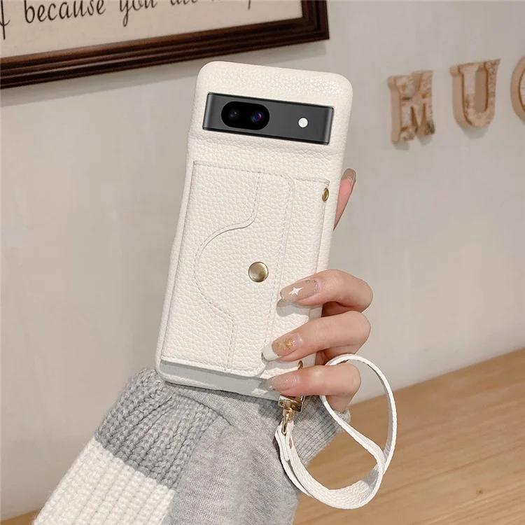 Capa para Google Pixel 8a, design de espelho, cobertura traseira de couro PU com slots para cartões, alça de pulso - Branco