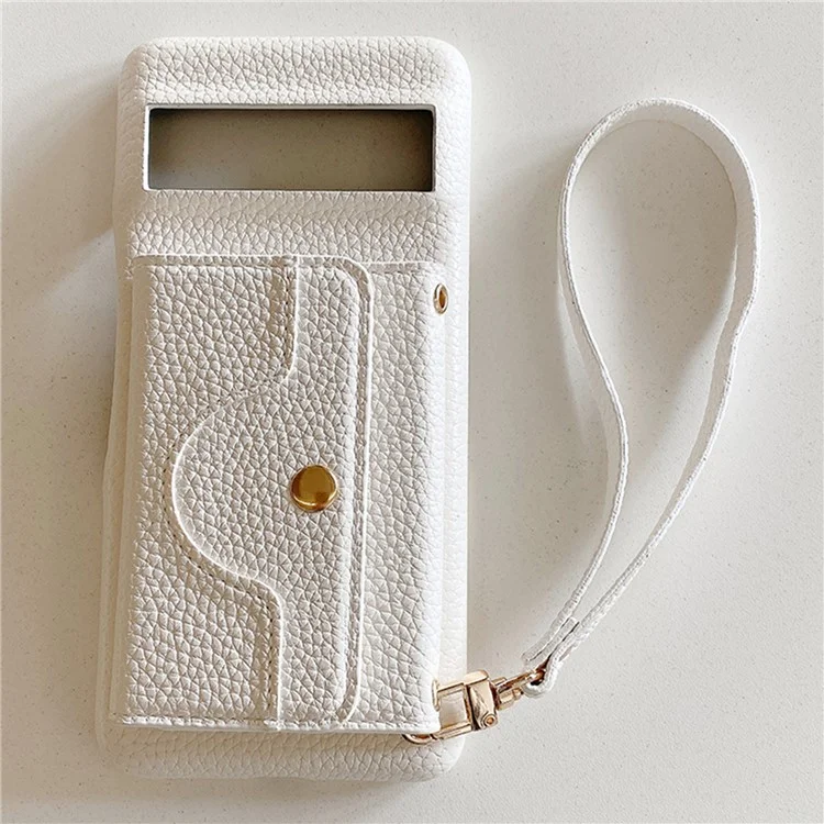 Capa para Google Pixel 8a, design de espelho, cobertura traseira de couro PU com slots para cartões, alça de pulso - Branco
