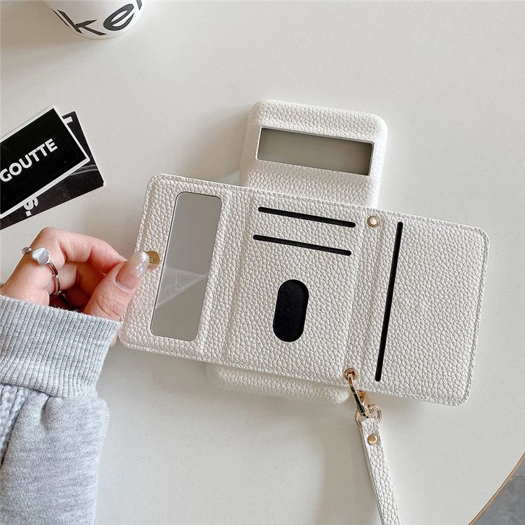 Capa para Google Pixel 8a, design de espelho, cobertura traseira de couro PU com slots para cartões, alça de pulso - Branco